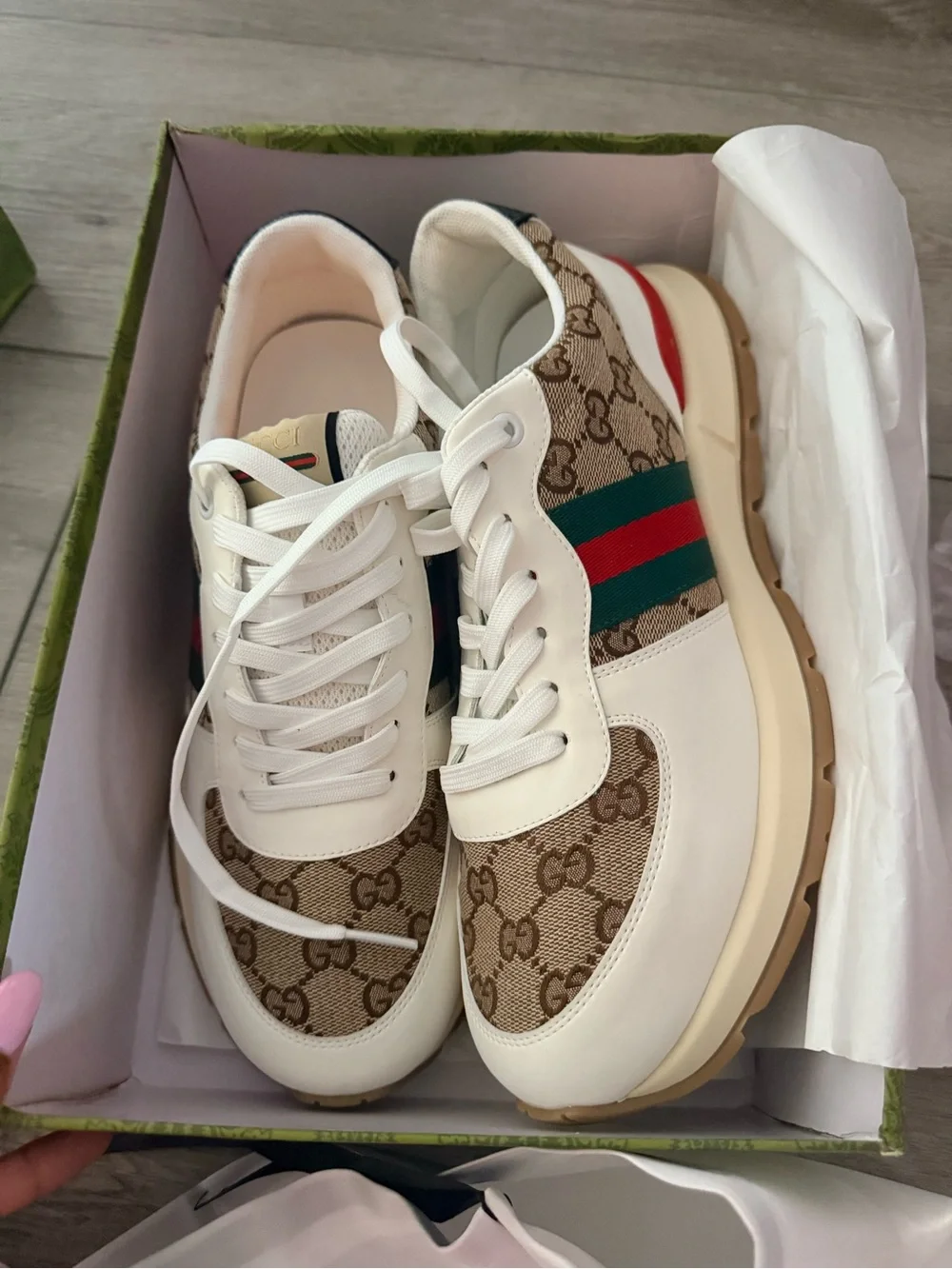 Gucci White Leather & GG Canvas Sneaker with Green-Red-Green Stripe